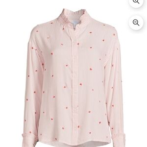 Time and Tru NEW Ruffle Collar Pink Striped Embroidered Hearts Button Up Blouse